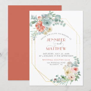 Apricot Wasabi Green Gold Geometric Floral Wedding Einladung