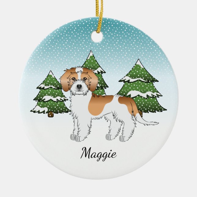 Apricot & White Mini Goldendoodle Winterwald Keramik Ornament (Vorne)