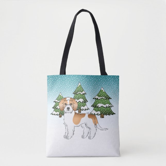 Apricot & White Mini Goldendoodle Winterwald Tasche (Vorderseite)