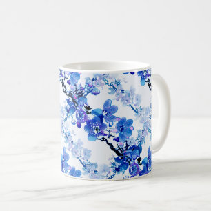 Aprikosen Blume in blau auf weißem Hintergrund. Kaffeetasse