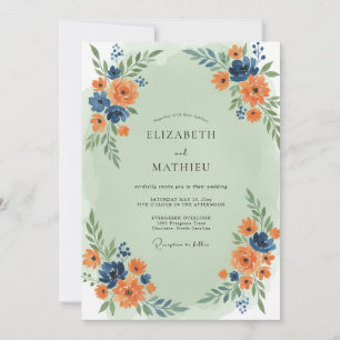 Aprikosen-Indigo-Wildblumen-Hochzeit Einladung