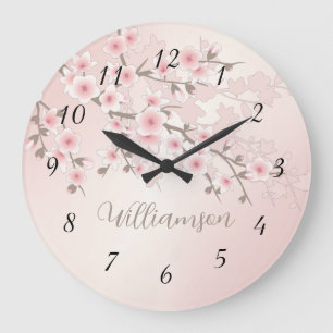 Aprikosen-Kirschblüten-Monogramm Große Wanduhr