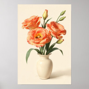 Aprikosen-Lisianthus in cremefarbener Vase Blumenp Poster