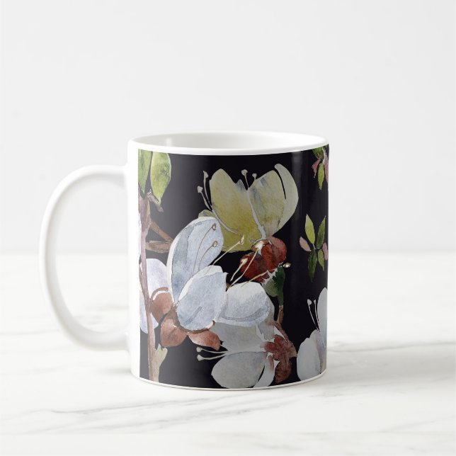 Aprikosenzweige Frühling: Aquarellfarben nahtlos. Kaffeetasse (Links)