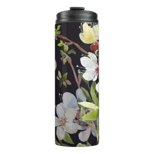 Aprikosenzweige Frühling: Aquarellfarben nahtlos. Thermosbecher