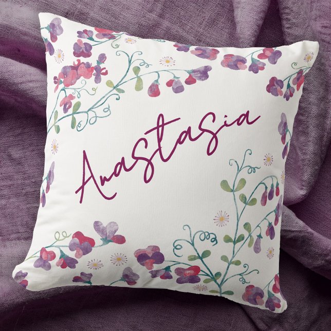 April Birth Month Sweet Pea Daisy Personalized Kissen (April birthday birth month flower personalized custom name watercolor sweet pea daisy throw pillow)
