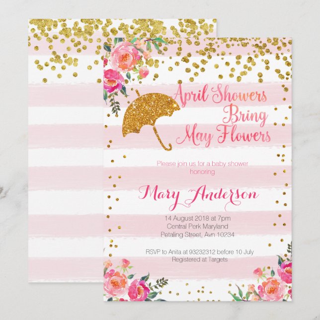 April Duschen Baby Dusche Einladung Gold Pink (Vorne/Hinten)