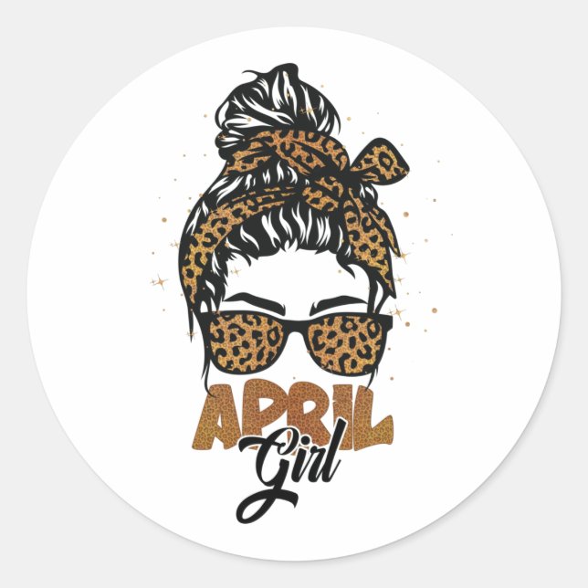 April Girl Messy Hair Sunglasses Leopard Lady Runder Aufkleber (Vorderseite)