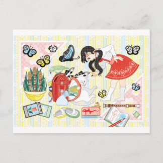 April illustration "Cat and school bag" Postkarte