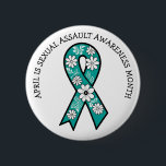 April is Sexual Assault Awareness Month | Teal Button<br><div class="desc">A teal ribbon with white and black flowers sexual assault awareness ribbon to ear in April.</div>