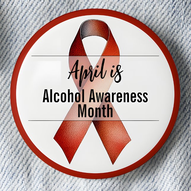 April Monat der Alkoholwarnung Button (April is Alcohol Awareness Month pinback button.  Red Awareness Ribbon.)