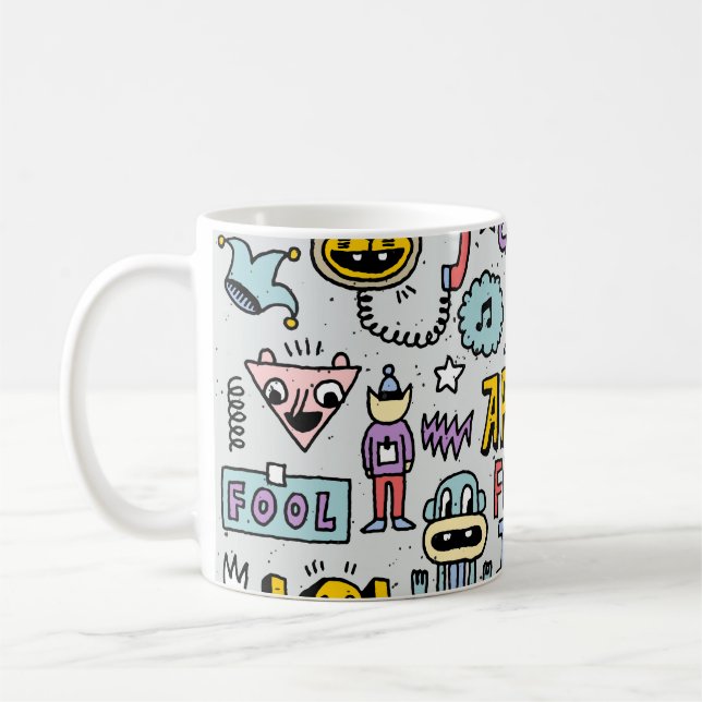 April Narren: farbiges Doodle-Set. Kaffeetasse (Links)
