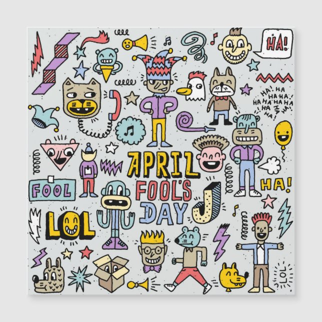 April Narren: farbiges Doodle-Set. Magnetkarte (Vorderseite)