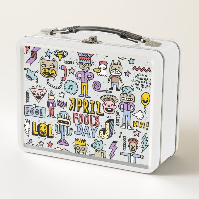 April Narren: farbiges Doodle-Set. Metall Brotdose (Vorderseite)