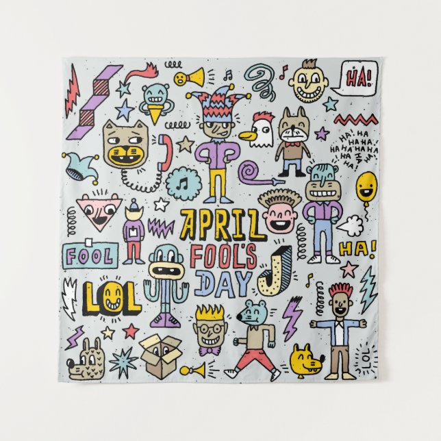 April Narren: farbiges Doodle-Set. Wandteppich (Vorderseite)