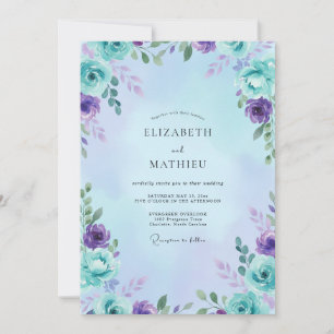 Aqua Amethyst Blätterhochzeit Einladung