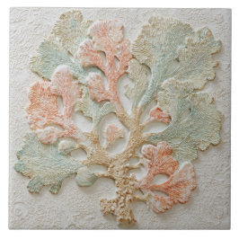 Aqua and Coral Coastal Sea Branch Art Fliese
