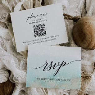 Aqua and Gold Beach QR Code RSVP Card Karte