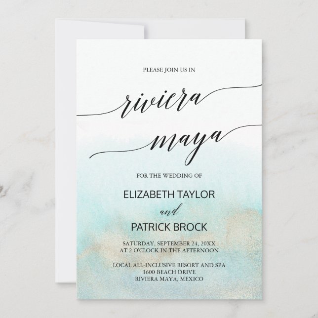 Aqua and Gold Beach Riviera Maya Wedding Einladung (Vorderseite)