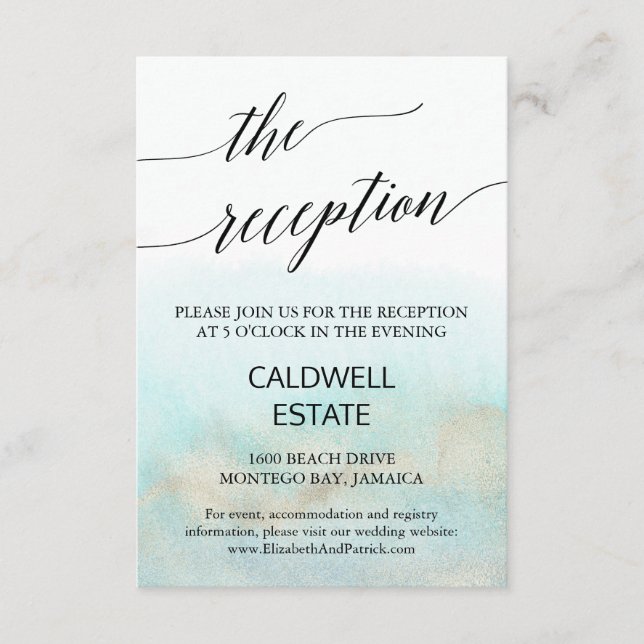 Aqua and Gold Beach Wedding Empfang Card Begleitkarte (Vorderseite)