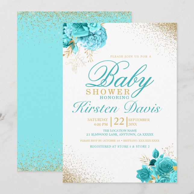 Aqua and Gold Glitzer Floral Boy Baby Shower Einladung (Vorne/Hinten)