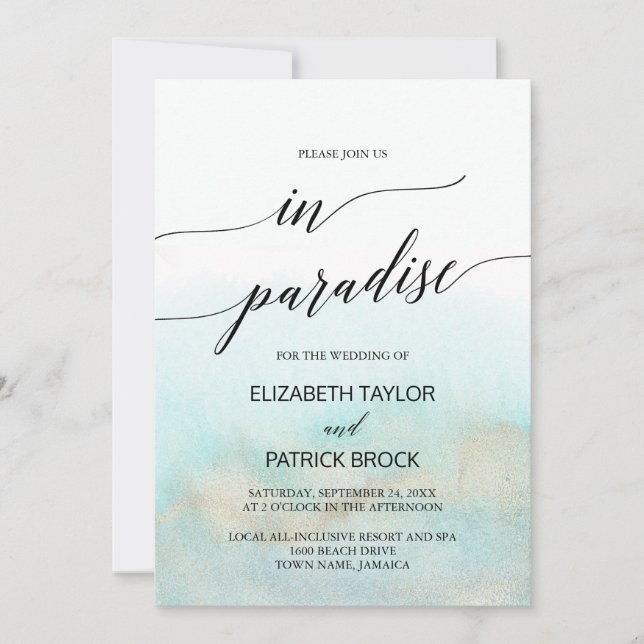 Aqua and Gold Watercolor Beach Paradise Wedding Einladung (Vorderseite)