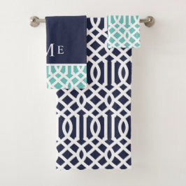 Aqua and Navy Trellis Monogram Badhandtuch Set