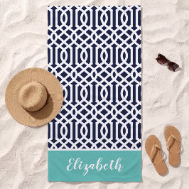 Aqua and Navy Trellis Monogram Strandtuch