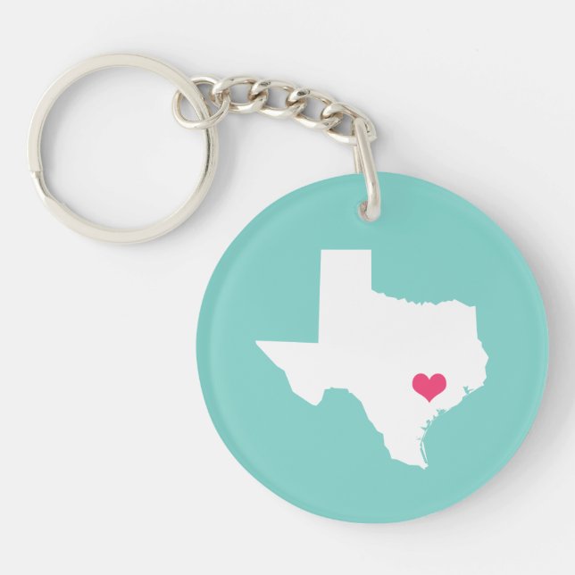 Aqua and Pink Heart Texas Zuhause Staat Schlüsselanhänger (Vorderseite)