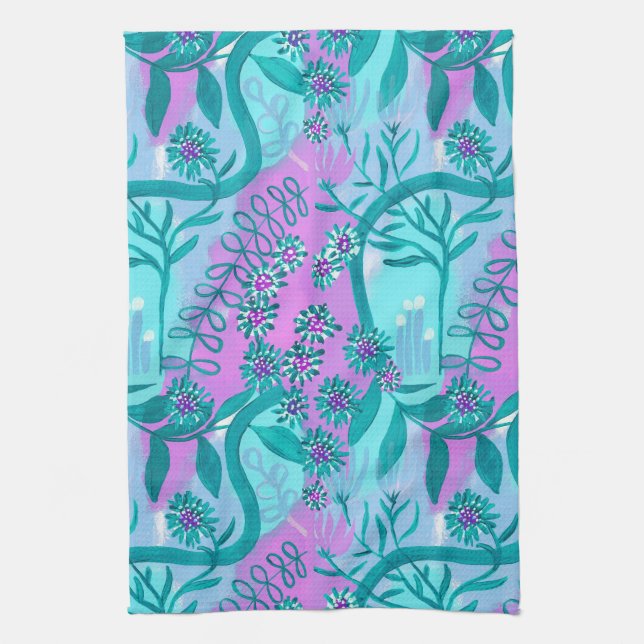 Aqua and Pink Whimsical Magic Garden Geschirrtuch (Vertikal)