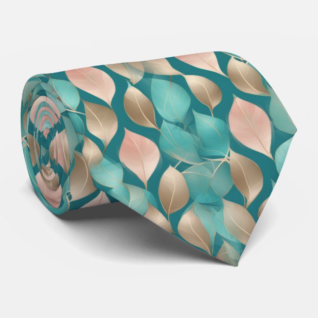 Aqua and Rose Gold Leaves Krawatte (Gerollt)