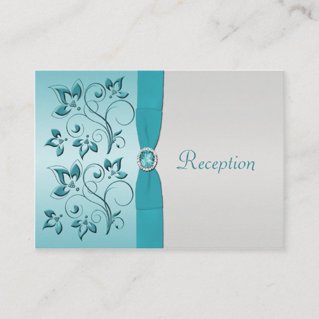 Aqua and Silver Floral Empfang Card Begleitkarte (Vorderseite)