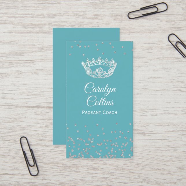 Aqua and Silver Pageant Coach Business Card Visitenkarte (Vorderseite/Rückseite Beispiel)