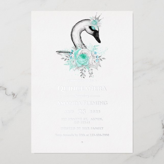 Aqua and Silver Swan Quinceañera Einladung (Vorderseite)