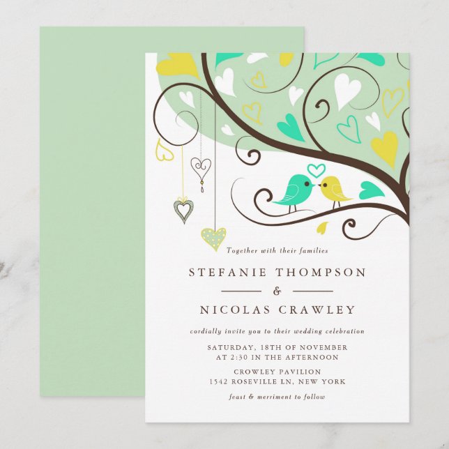 Aqua and Yellow Whimsical Lovebirds Wedding Einladung (Vorne/Hinten)