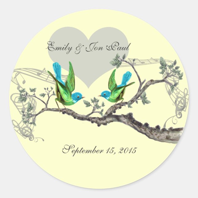 Aqua & Apple Green Vintage Vögel Hochzeitsticker Runder Aufkleber (Vorderseite)