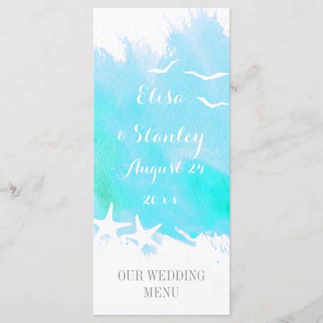 Aqua Aqua Aqua Aquarell, Hochzeitsmenü am Strand Menükarte (Vorderseite)