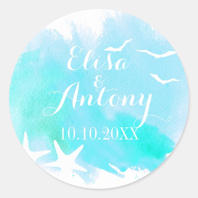 Aqua Aqua Aquarell, Seesternhochzeit Save the Date Runder Aufkleber (Vorderseite)