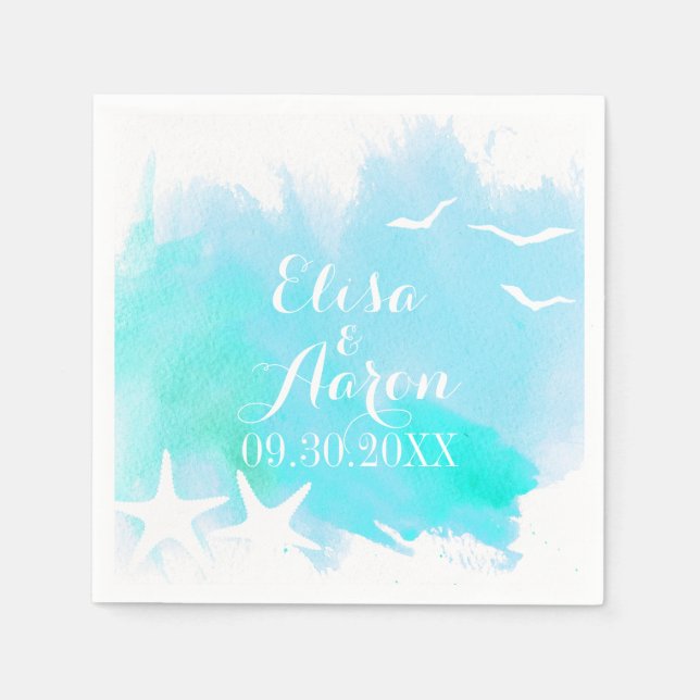 Aqua Aqua Aquarell, Seestrande Hochzeit Serviette (Vorderseite)