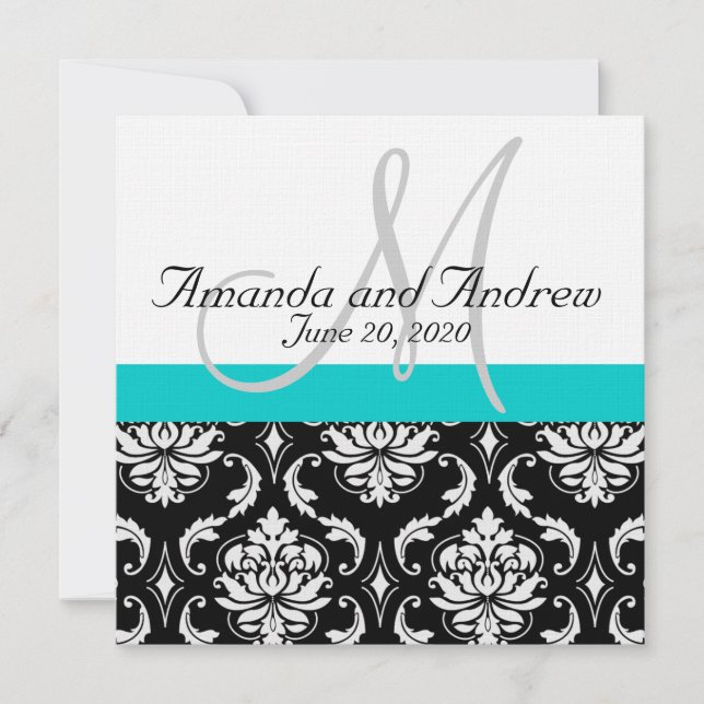 Aqua Aquamarin Black Damask Namen Einladung Hochze (Vorderseite)