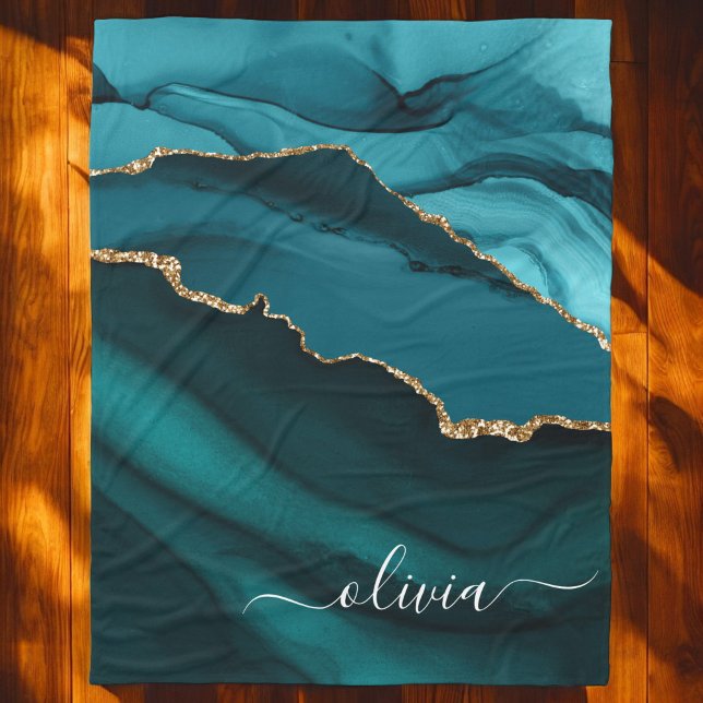 Aqua Aquamarin Blue Agate Geode Gold Monogram Fleecedecke (Von Creator hochgeladen)