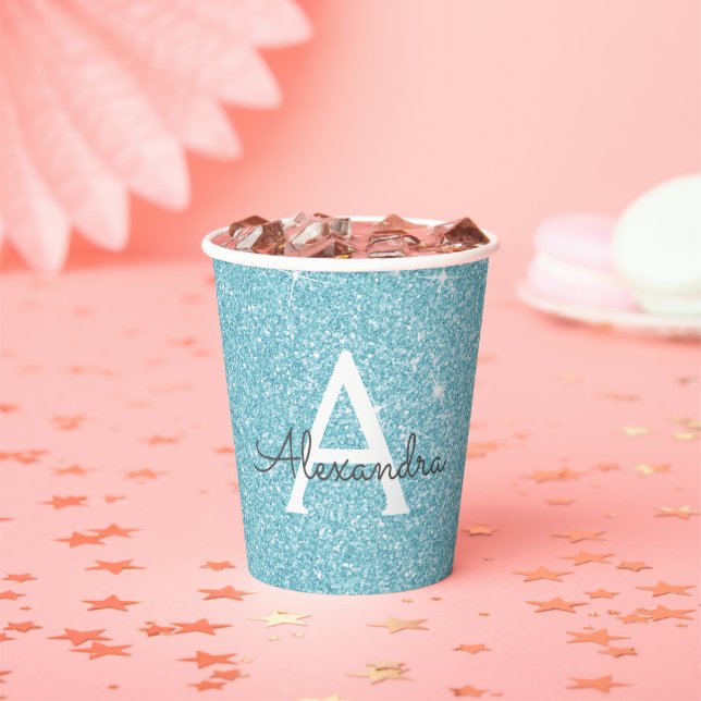 Aqua Aquamarin Blue Glitzer und Sparkle Monogram Pappbecher (Insitu)