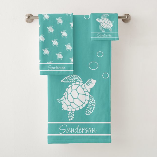 Aqua Aquamarin Blue Monogram White Sea Turtle Naut Badhandtuch Set (Insitu)