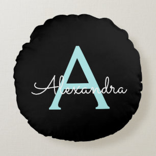 Aqua Aquamarin Blue Script Girl Monogram Name Rundes Kissen