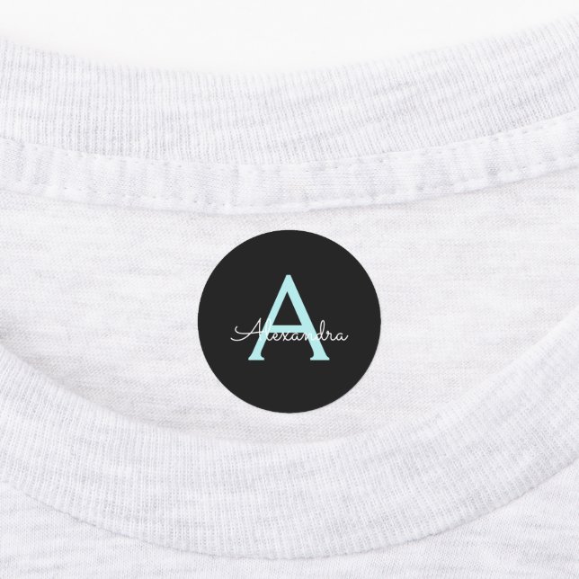 Aqua Aquamarin Blue Script Girly Monogram Name Etiketten (Befestigt)