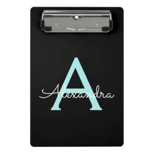 Aqua Aquamarin Blue Script Girly Monogram Name Mini Klemmbrett