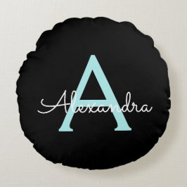 Aqua Aquamarin Blue Script Girly Monogram Name Rundes Kissen
