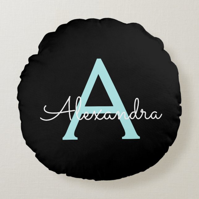Aqua Aquamarin Blue Script Girly Monogram Name Rundes Kissen (Vorderseite)