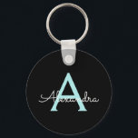 Aqua Aquamarin Blue Script Girly Monogram Name Schlüsselanhänger<br><div class="desc">Black und Aqua Aquamarin Blue Simple Script Monogram Name Keychains (Key Chain). Das macht den perfekten 16 Geburtstag,  Hochzeit,  Brautparty,  Jubiläum,  Babydusche oder Junggeselinnen-Abschied Geschenk für jemanden,  der Lieben glamourösen Luxus und schicke Stile.</div>