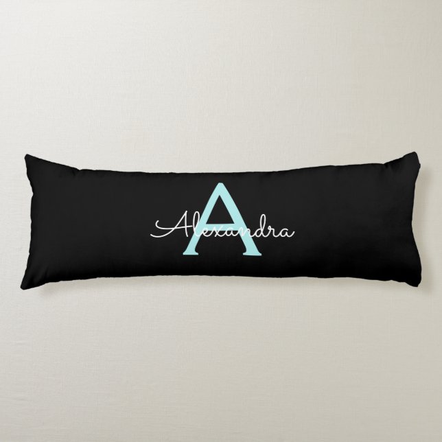 Aqua Aquamarin Blue Script Girly Monogram Name Seitenschläferkissen (Vorderseite)